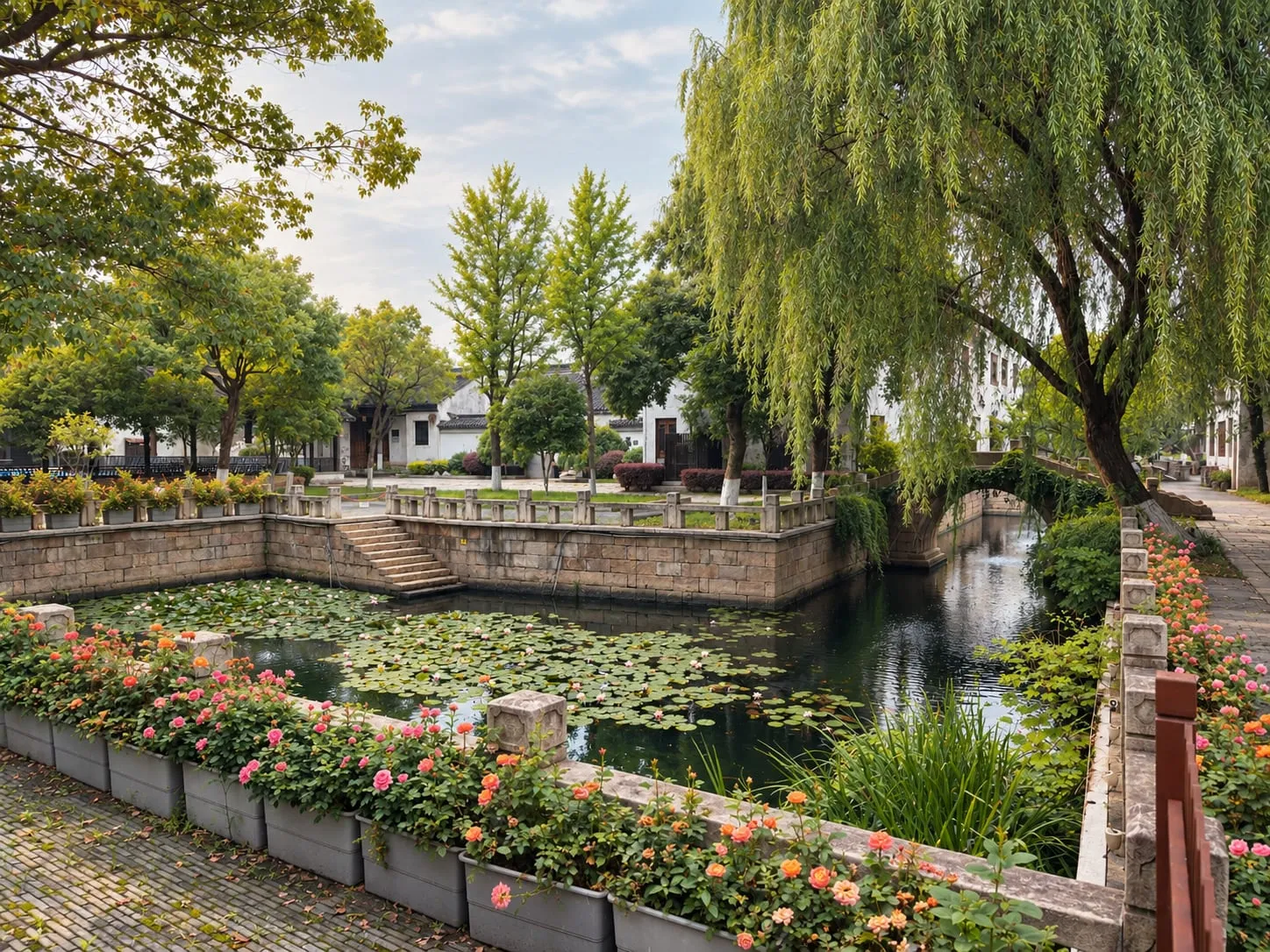 A water-lily pond beside an arched stone bridge, edged with roses and weeping willows