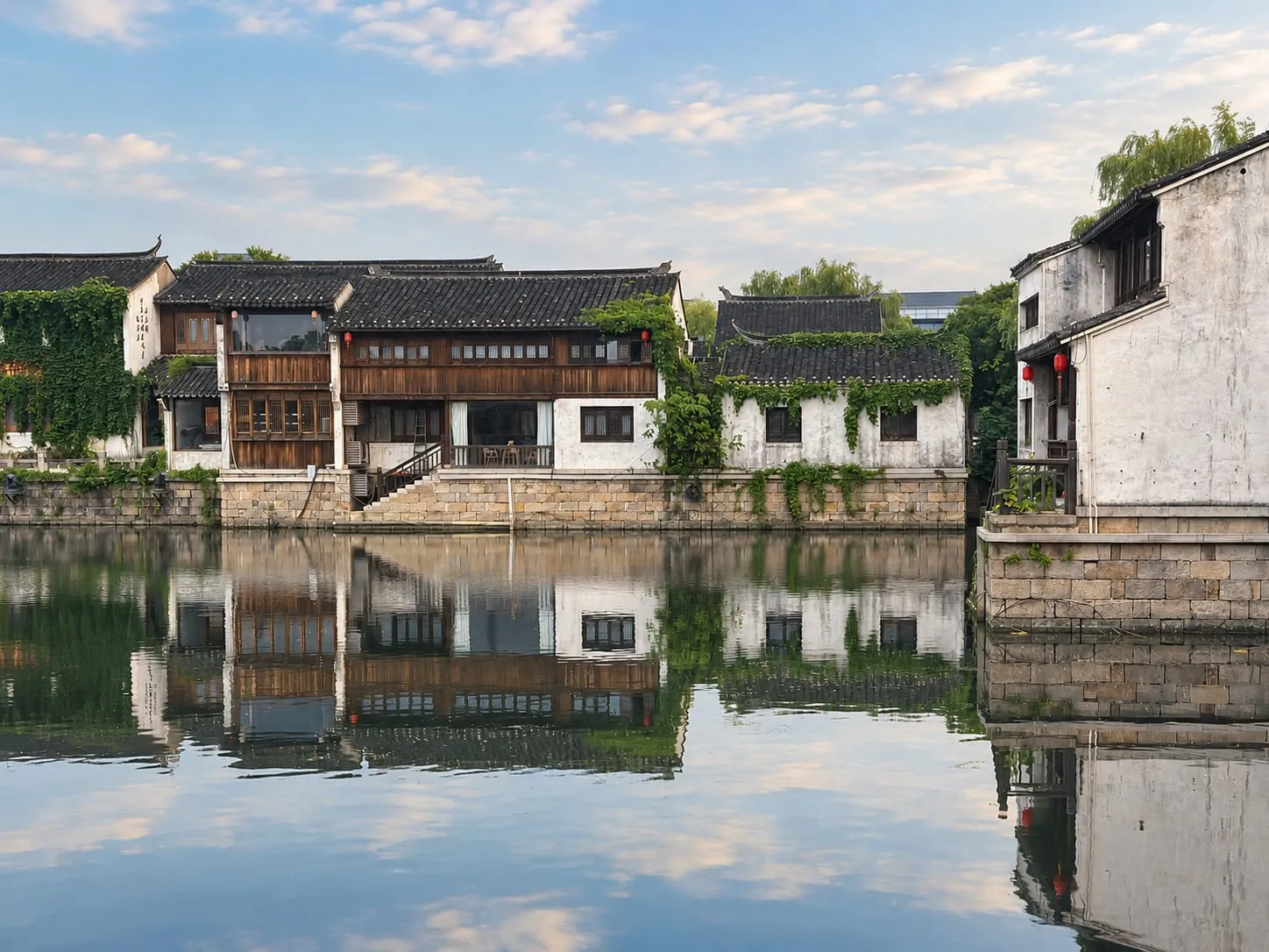 Whitewashed houses with dark tiled roofs and wooden upper floors, mirrored in still canal water